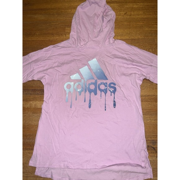 Adidas Girl LG (14) Pink Drip Logo Long Sleeve Lightweight Pullover Hooded Shirt - Picture 2 of 5